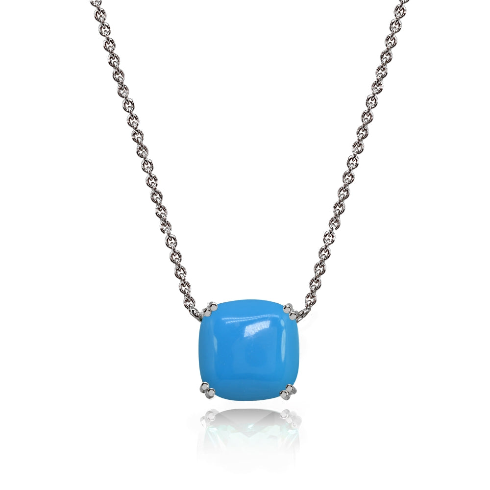 Sterling Silver Created Turq 10mm Cushion-Cut Solitaire Polished Dainty Necklace