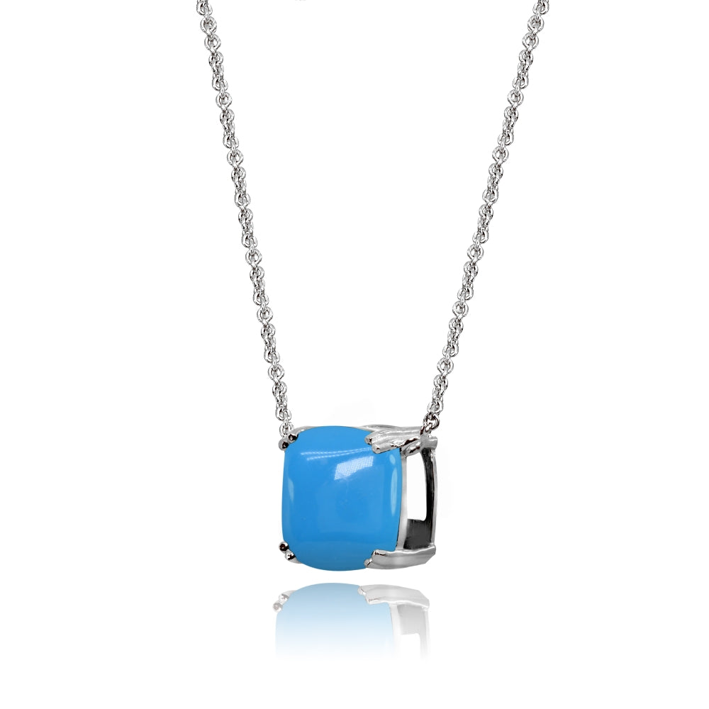Sterling Silver Created Turq 10mm Cushion-Cut Solitaire Polished Dainty Necklace-2