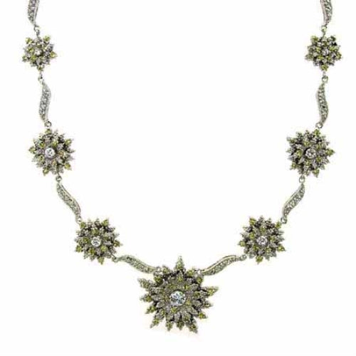 Sterling Silver Created Diamond and Yellow cz Sunburst Flower Necklace