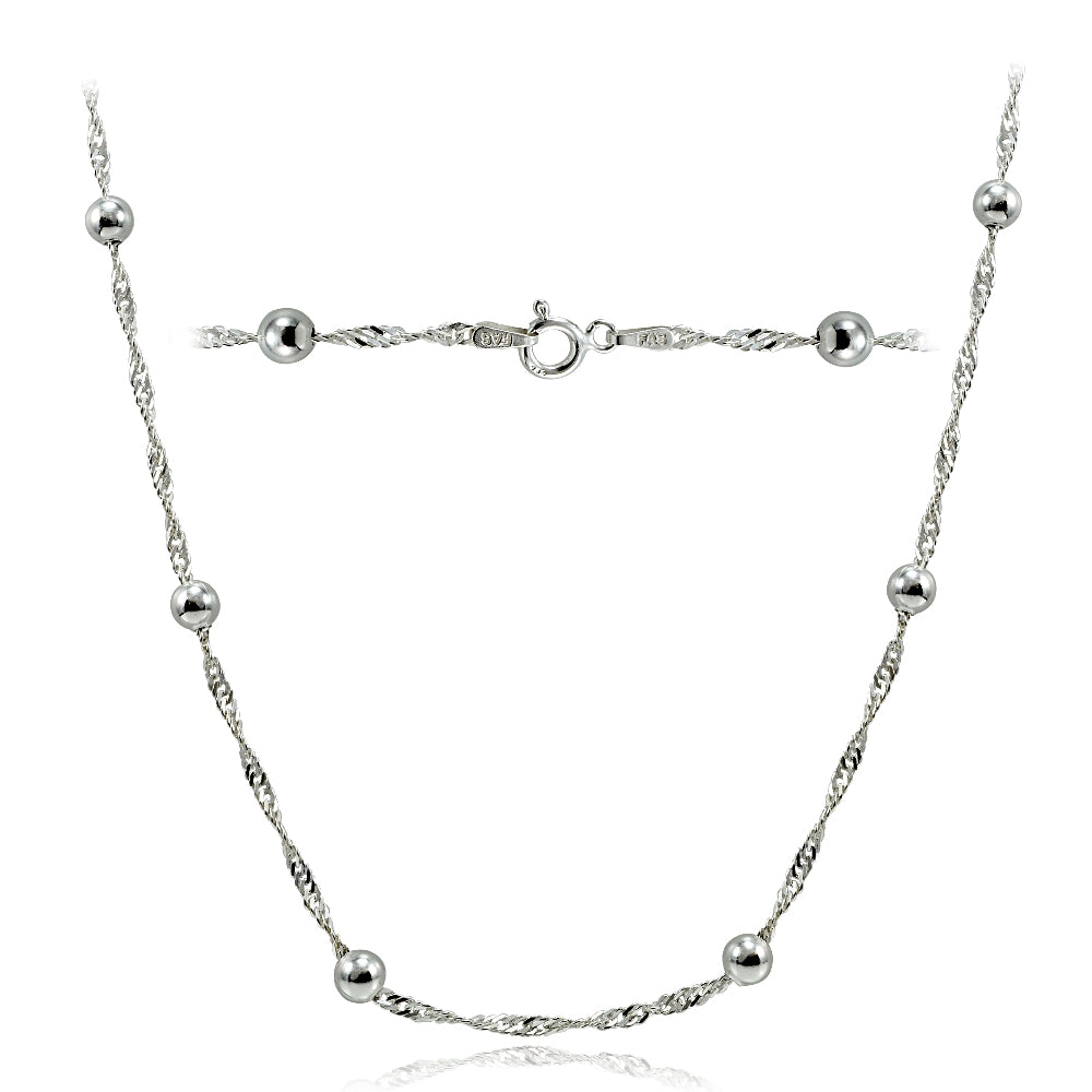Sterling Silver Italian Diamond-Cut Chain Necklace with Beads 24-Inches