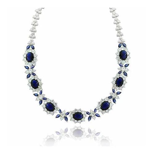 Estate Sterling Silver .925 Created Diamond  & Created Blue Sapphire cz Stone Necklace 16"