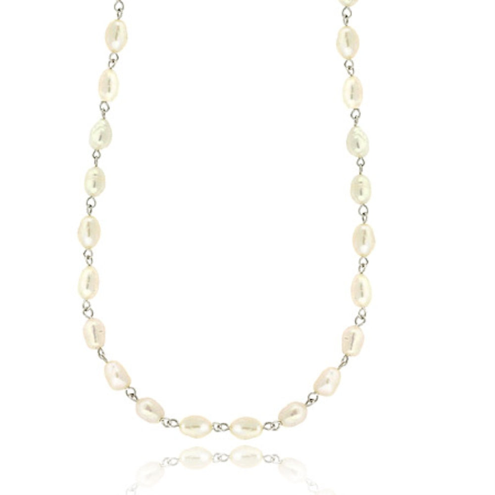 Rice Genuine Oval Freshwater Cultured White Sterling Silver .925 Link Necklace 18" inch