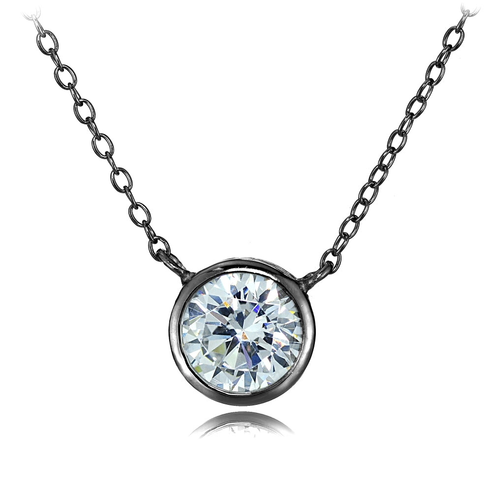 Black Tone over Sterling Silver Bezel-Set Cubic Zirconia Round Solitaire Necklace
