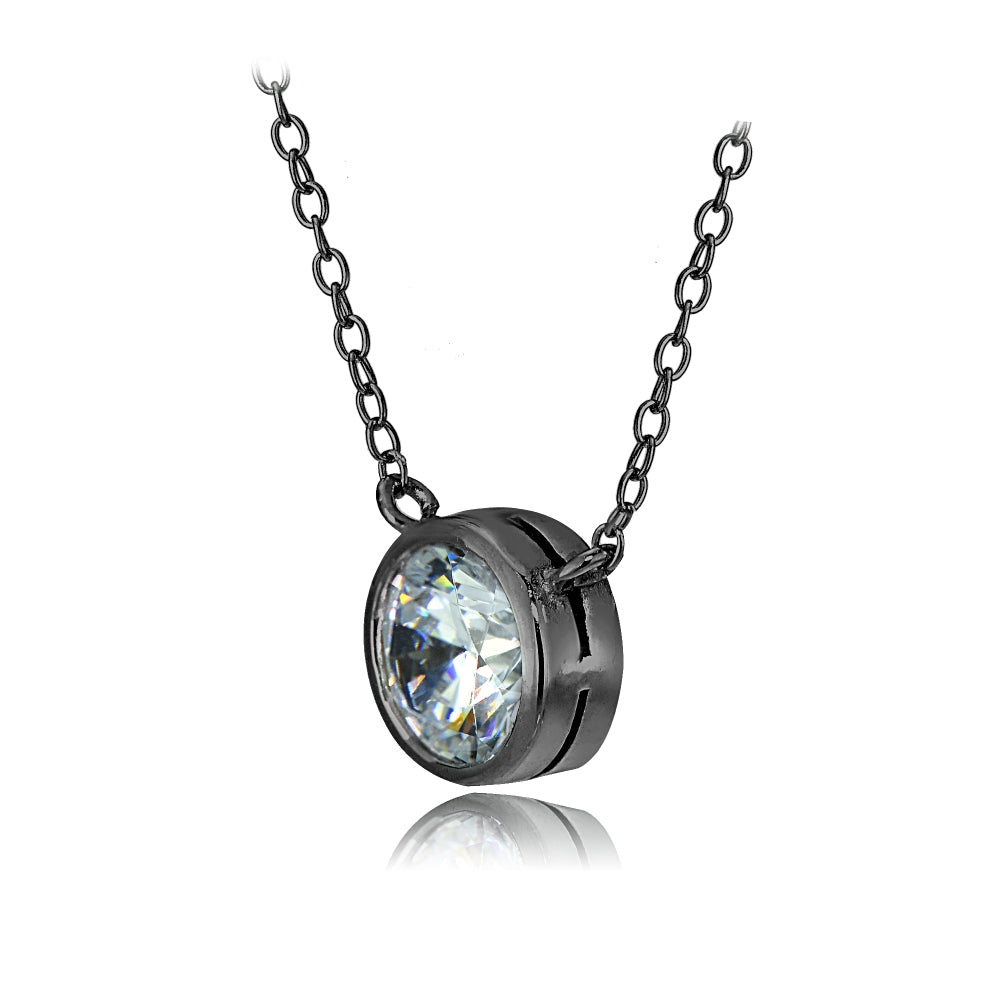 Black Tone over Sterling Silver Bezel-Set Cubic Zirconia Round Solitaire Necklace-2