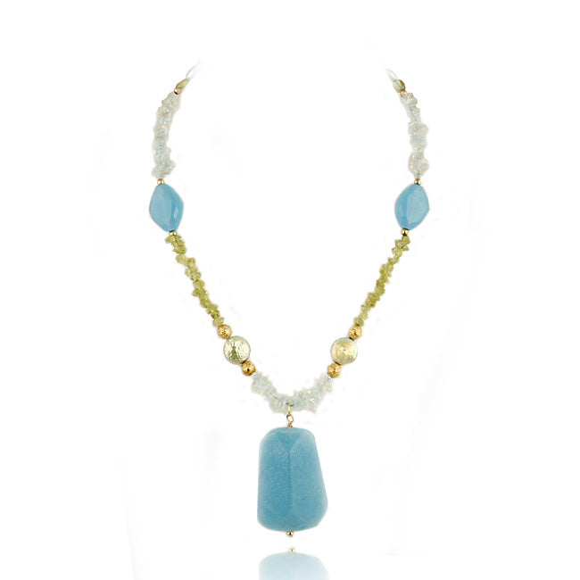 18K Gold over Silver Blue Quartz, Peridot Chips, Beads, Coin Pearls & Dangling Blue Quartz Stone Fashion Necklace