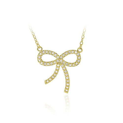 18K Gold over Sterling Silver CZ Bow Tie Pendant Necklace 18"