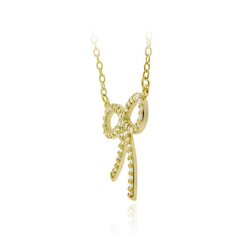 18K Gold over Sterling Silver CZ Bow Tie Pendant Necklace 18"