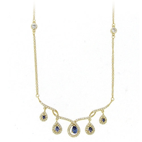 18K Gold over Sterling Silver Tanzanite CZ Dangling Teardrops Frontal Necklace