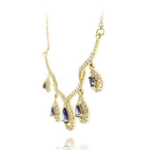 18K Gold over Sterling Silver Tanzanite CZ Dangling Teardrops Frontal Necklace-2