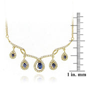 18K Gold over Sterling Silver Tanzanite CZ Dangling Teardrops Frontal Necklace