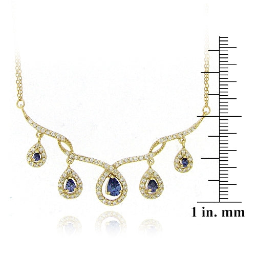 18K Gold over Sterling Silver Tanzanite CZ Dangling Teardrops Frontal Necklace