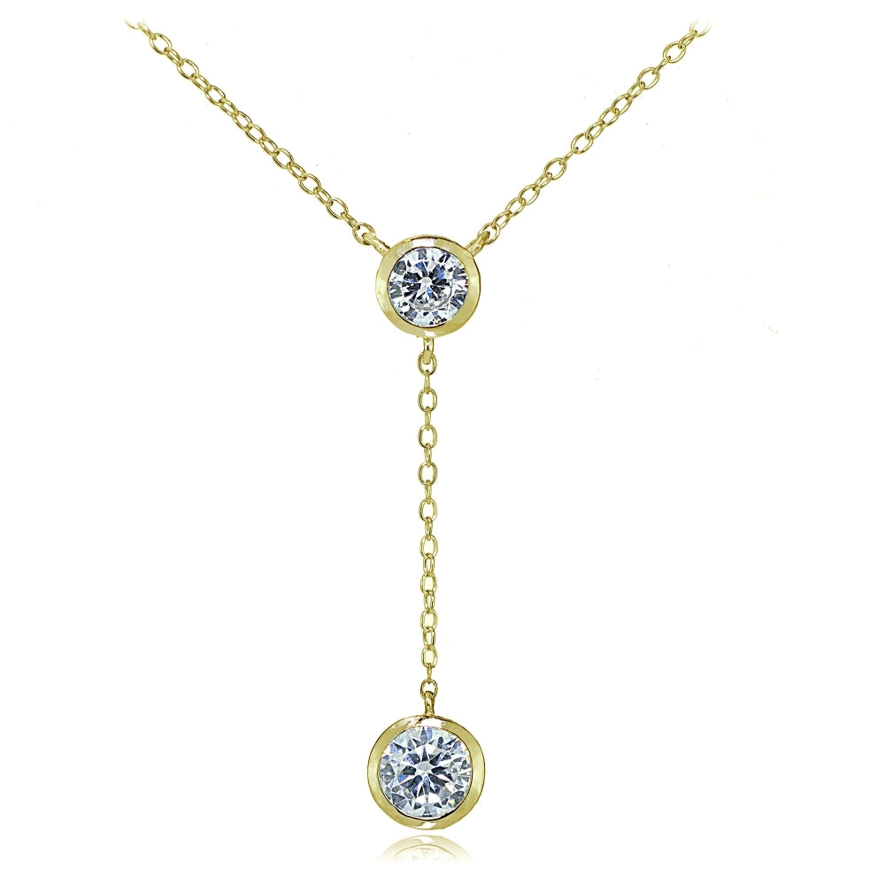 Gold Tone over Sterling Silver Cubic Zirconia Bezel-Set Dangling Y Necklace