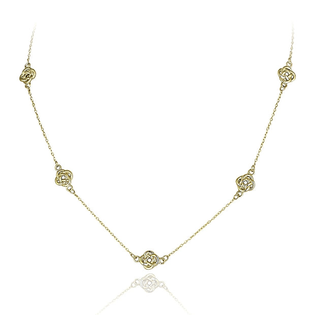 Yellow Gold Flashed Sterling Silver Polished Love Knot Flower Station Chain Necklace