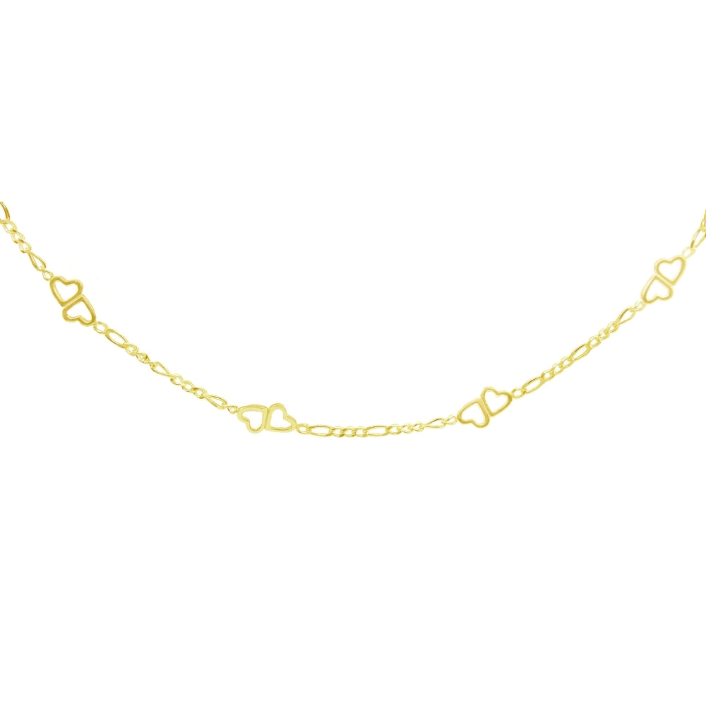 Yellow Gold Flashed Sterling Silver Figaro Link Chain with Double Hearts Necklace, 16 Inches