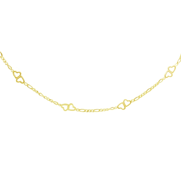 Yellow Gold Flashed Sterling Silver Figaro Link Chain with Double Hearts Necklace, 16 Inches