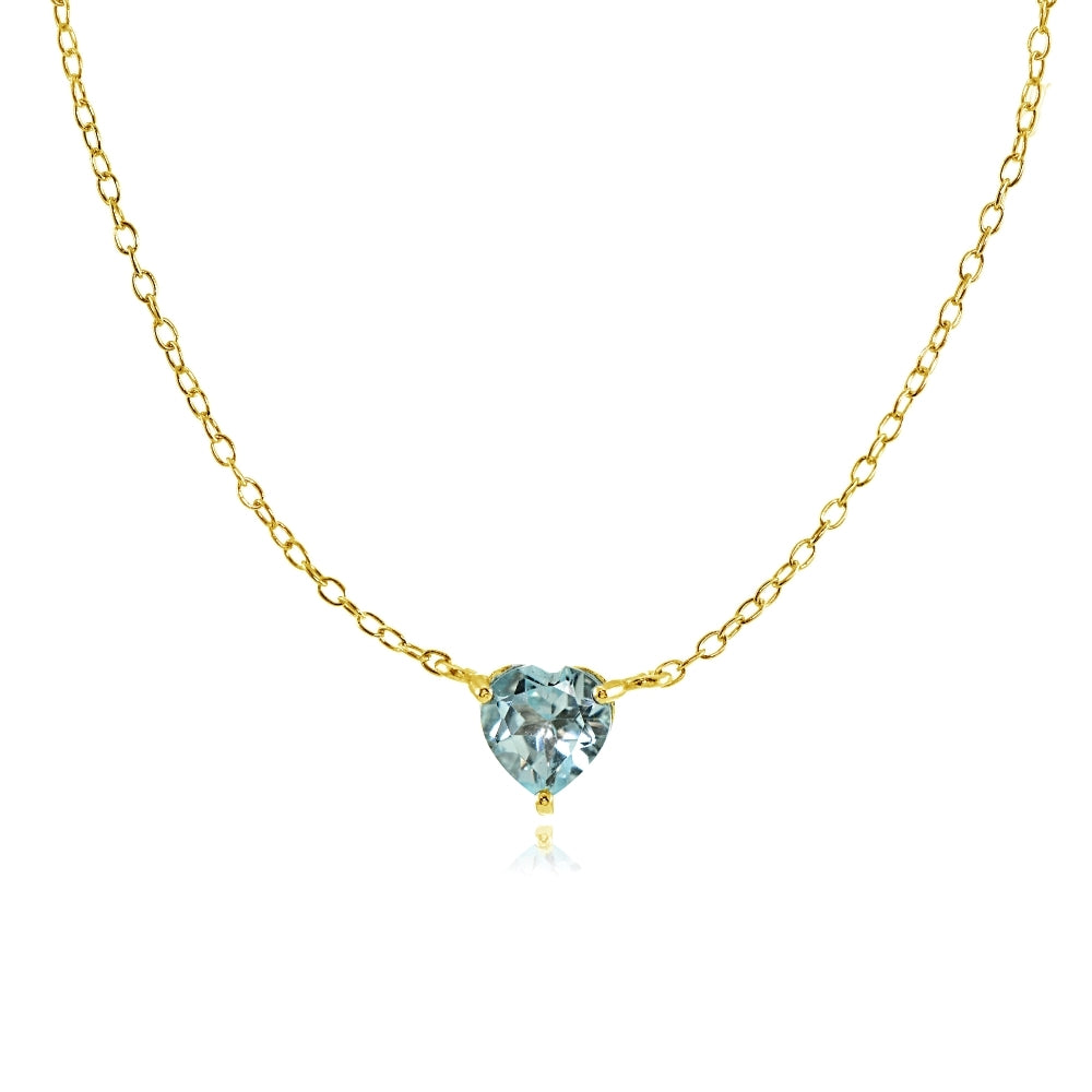 Yellow Gold Flashed Sterling Silver Small Dainty Blue Topaz Heart Choker Necklace