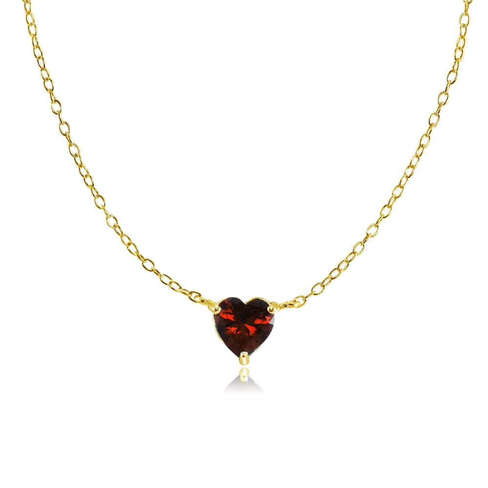 Yellow Gold Flashed Sterling Silver Small Dainty Garnet Heart Choker Necklace