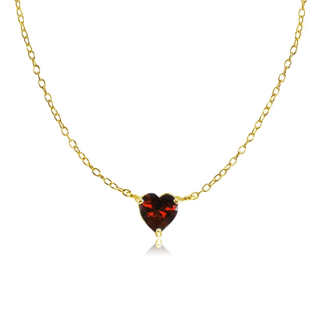 Yellow Gold Flashed Sterling Silver Small Dainty Garnet Heart Choker Necklace