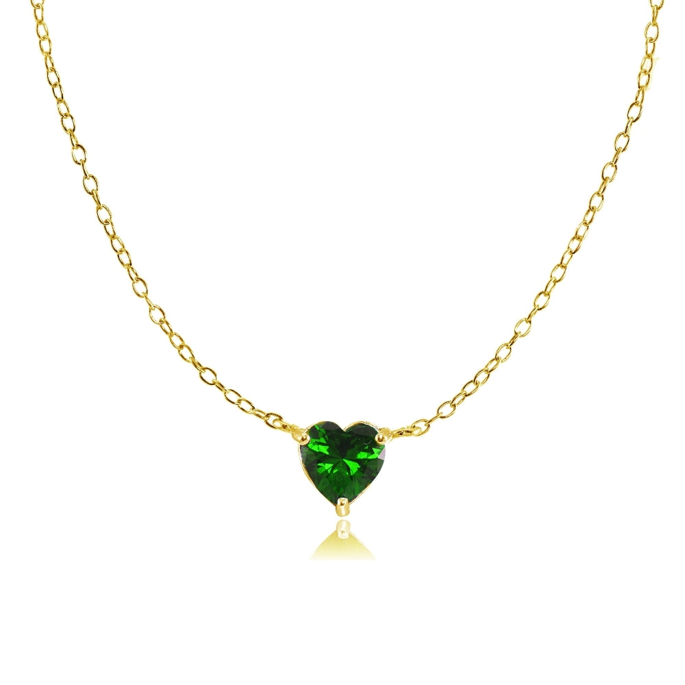 Yellow Gold Flashed Sterling Silver Small Dainty Created Emerald Heart Choker Necklace