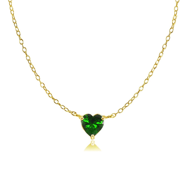 Yellow Gold Flashed Sterling Silver Small Dainty Created Emerald Heart Choker Necklace