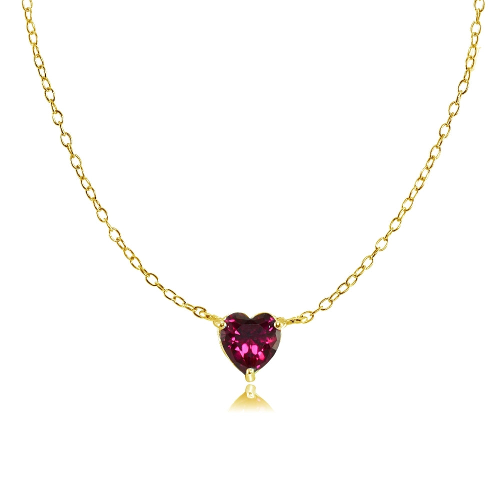 Yellow Gold Flashed Sterling Silver Small Dainty Created Ruby Heart Choker Necklace