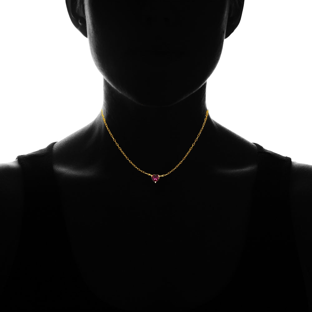 Yellow Gold Flashed Sterling Silver Small Dainty Created Ruby Heart Choker Necklace-2