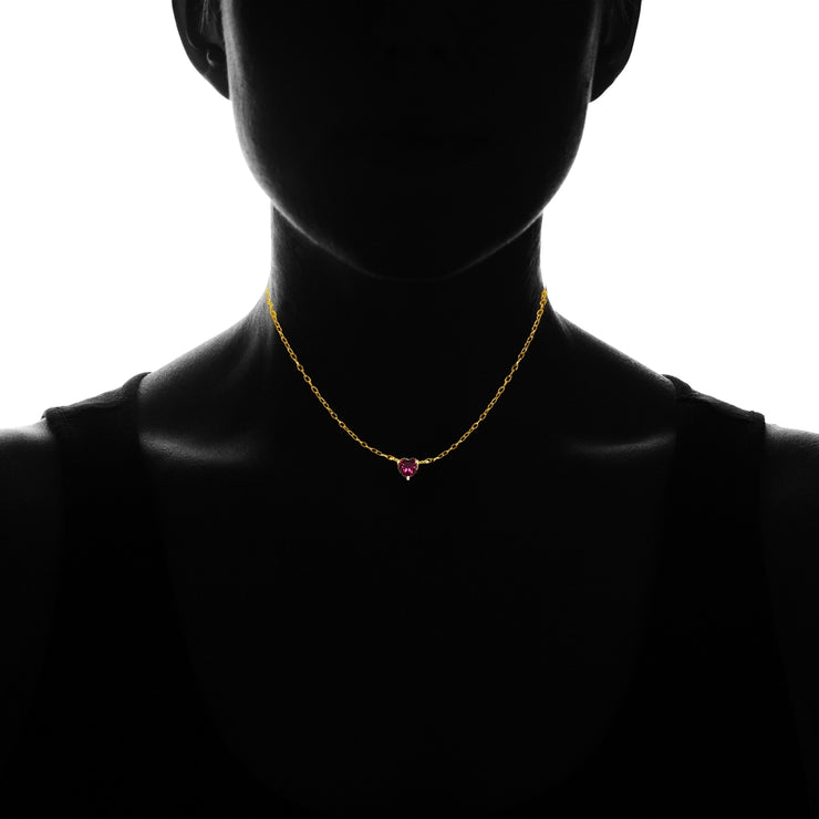 Yellow Gold Flashed Sterling Silver Small Dainty Created Ruby Heart Choker Necklace