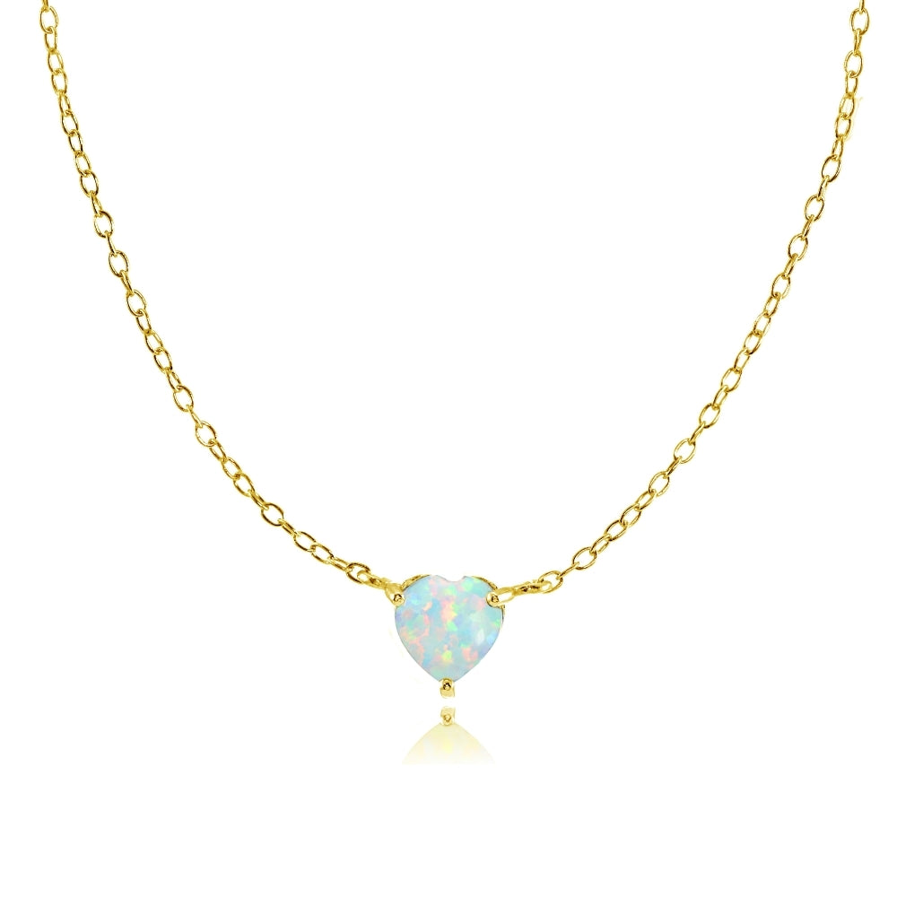 Yellow Gold Flashed Sterling Silver Small Dainty Created White Opal Heart Choker Necklace