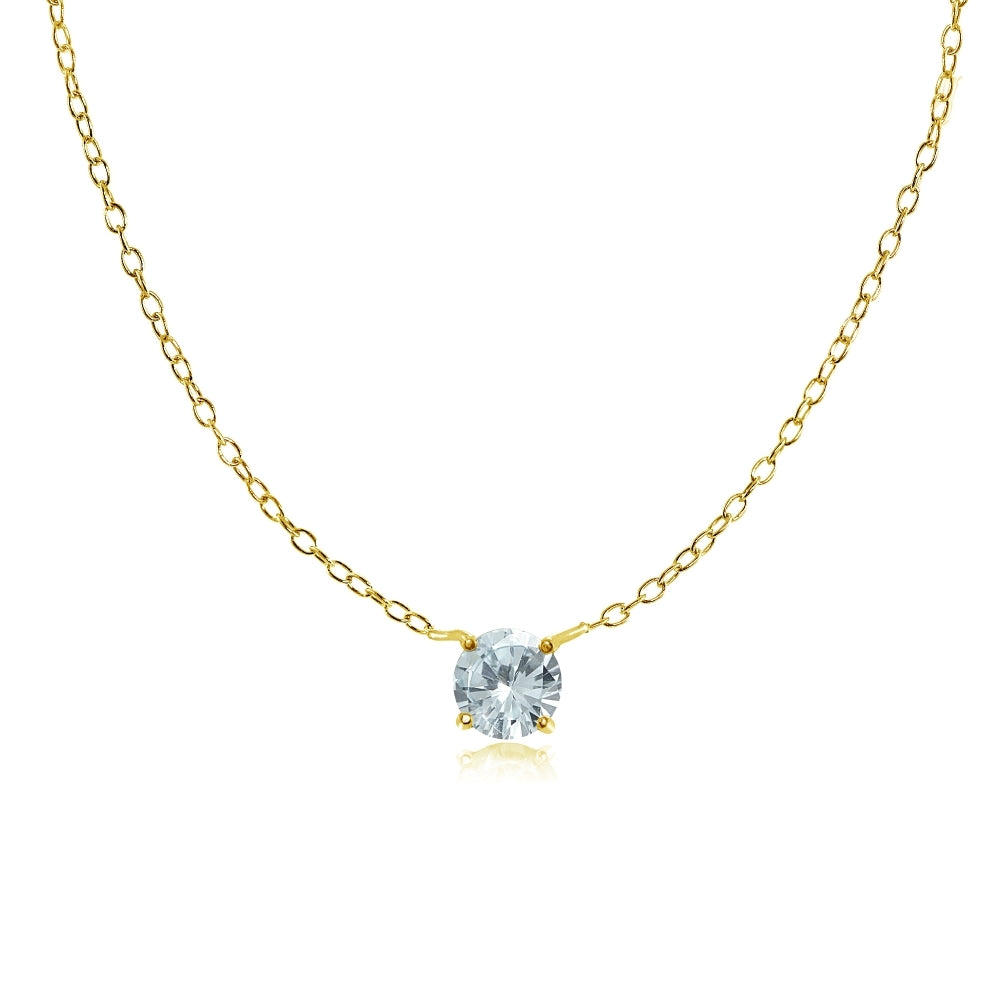 Yellow Gold Flashed Sterling Silver Small Dainty Round Aquamarine Choker Necklace