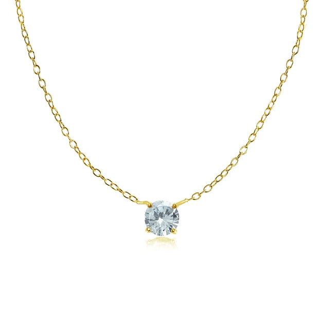 Yellow Gold Flashed Sterling Silver Small Dainty Round Aquamarine Choker Necklace