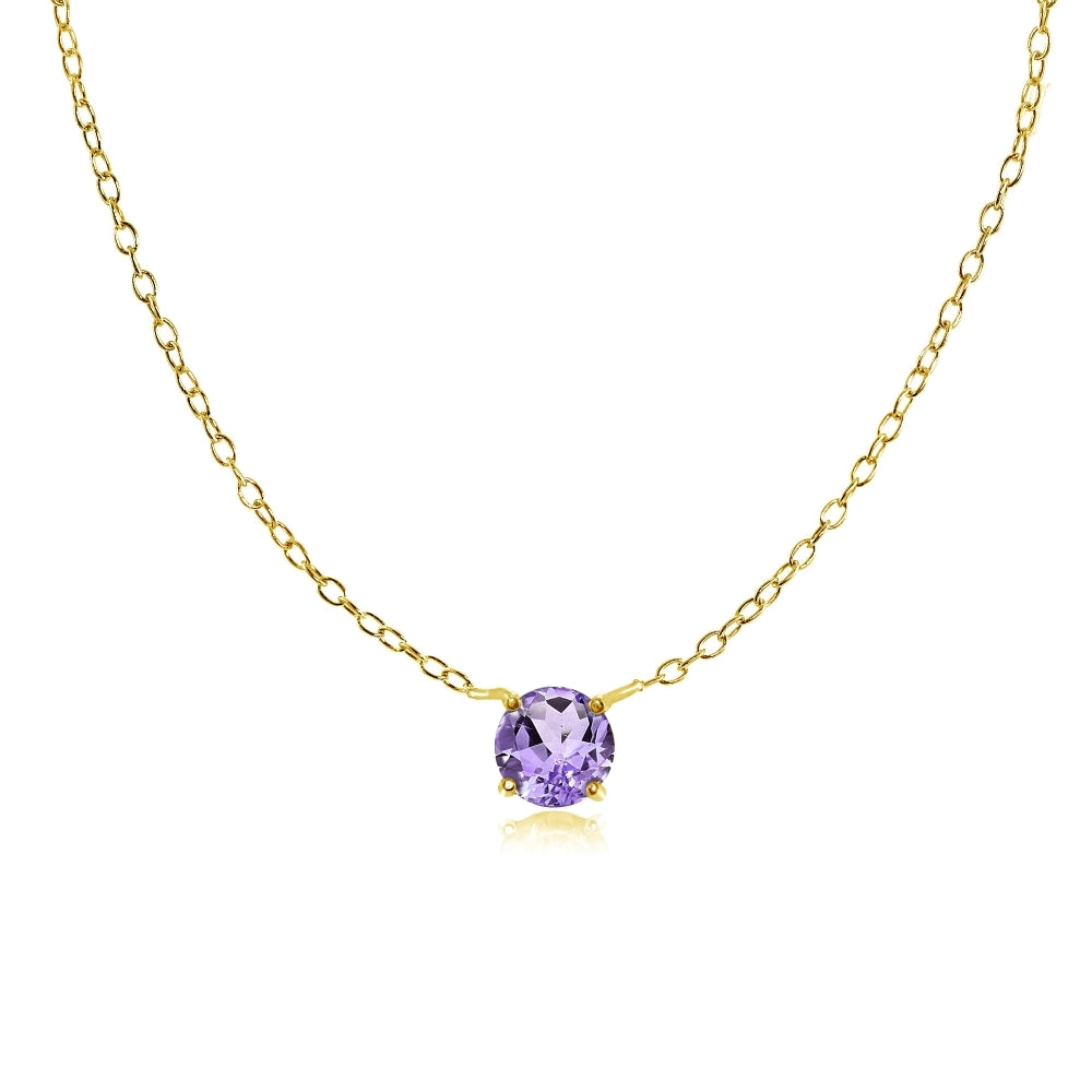 Yellow Gold Flashed Sterling Silver Small Dainty Round Amethyst Choker Necklace