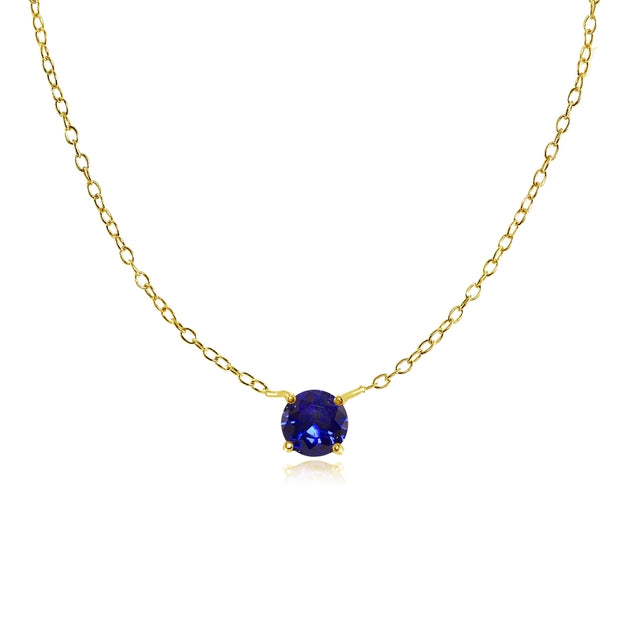 Yellow Gold Flashed Sterling Silver Small Dainty Round Created Blue Sapphire Choker Necklace