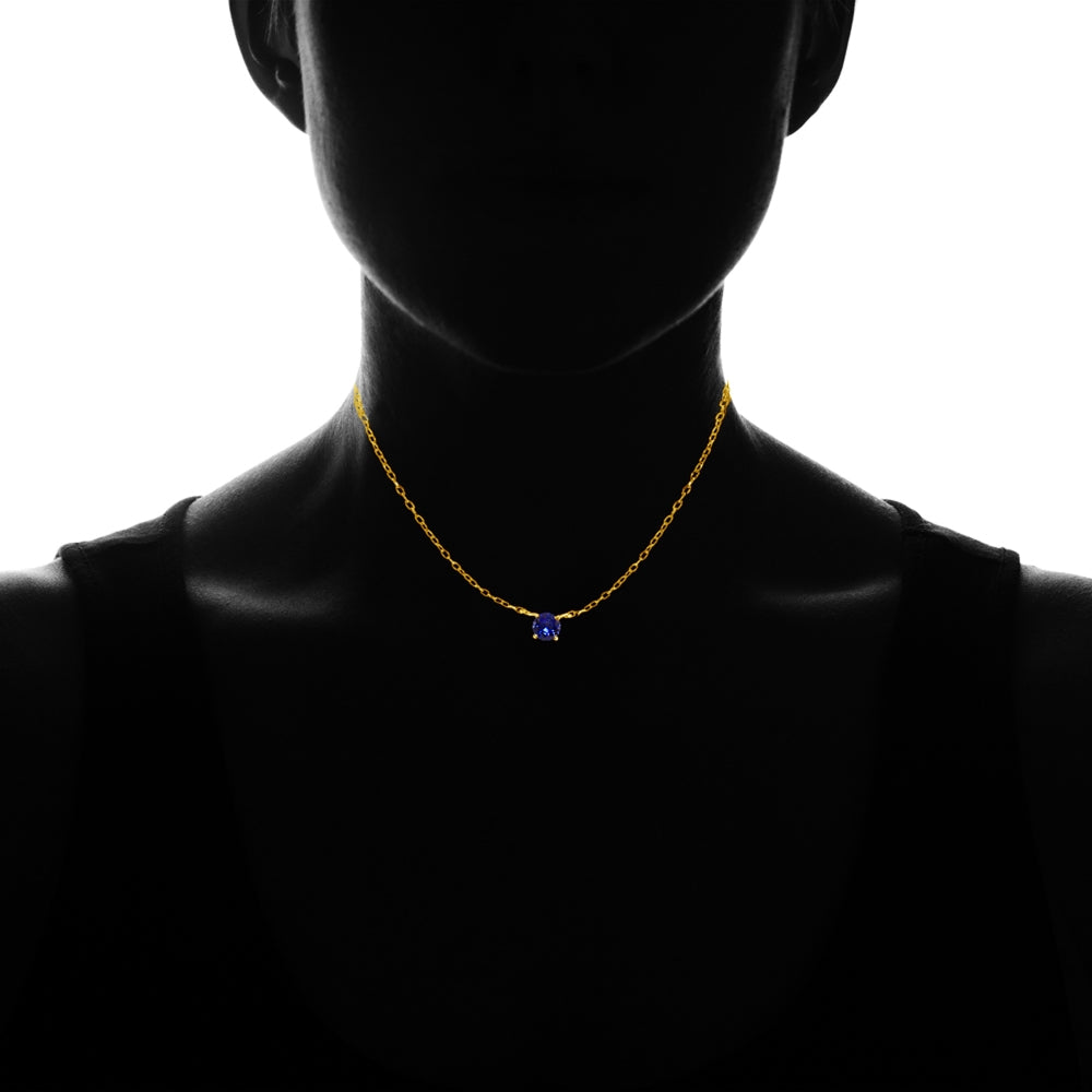 Yellow Gold Flashed Sterling Silver Small Dainty Round Created Blue Sapphire Choker Necklace-2