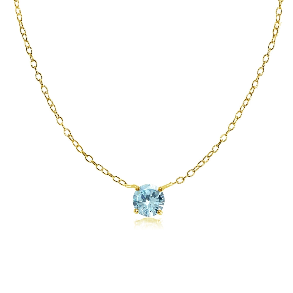 Yellow Gold Flashed Sterling Silver Small Dainty Round Blue Topaz Choker Necklace