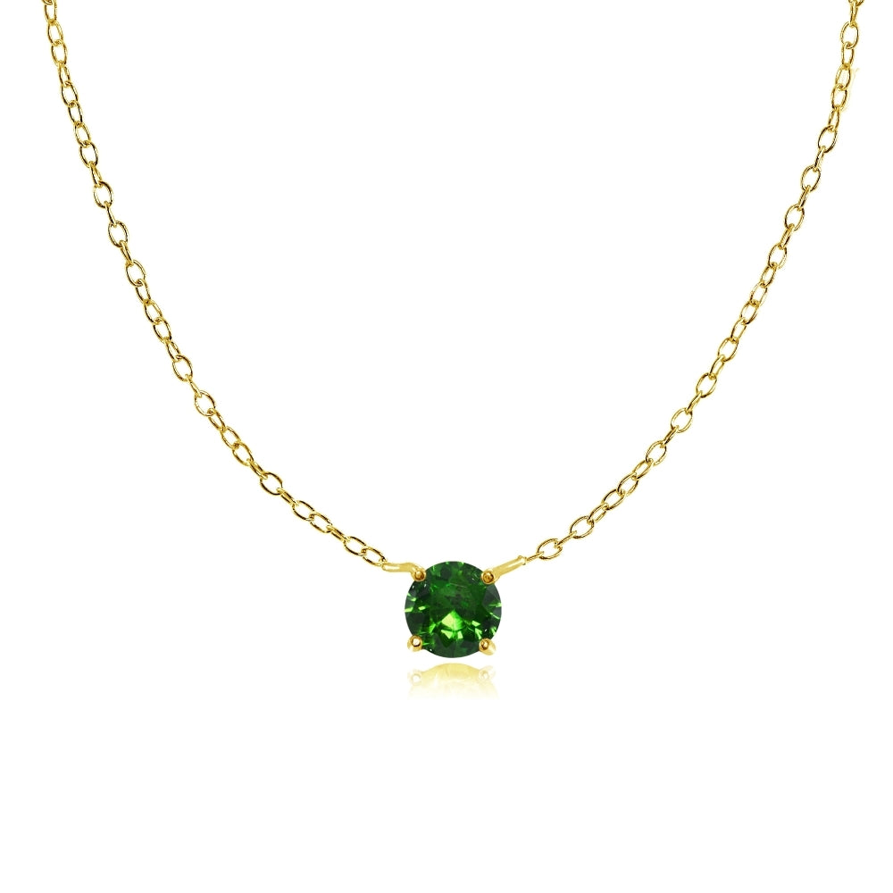 Yellow Gold Flashed Sterling Silver Small Dainty Round Simulated Emerald Choker Necklace