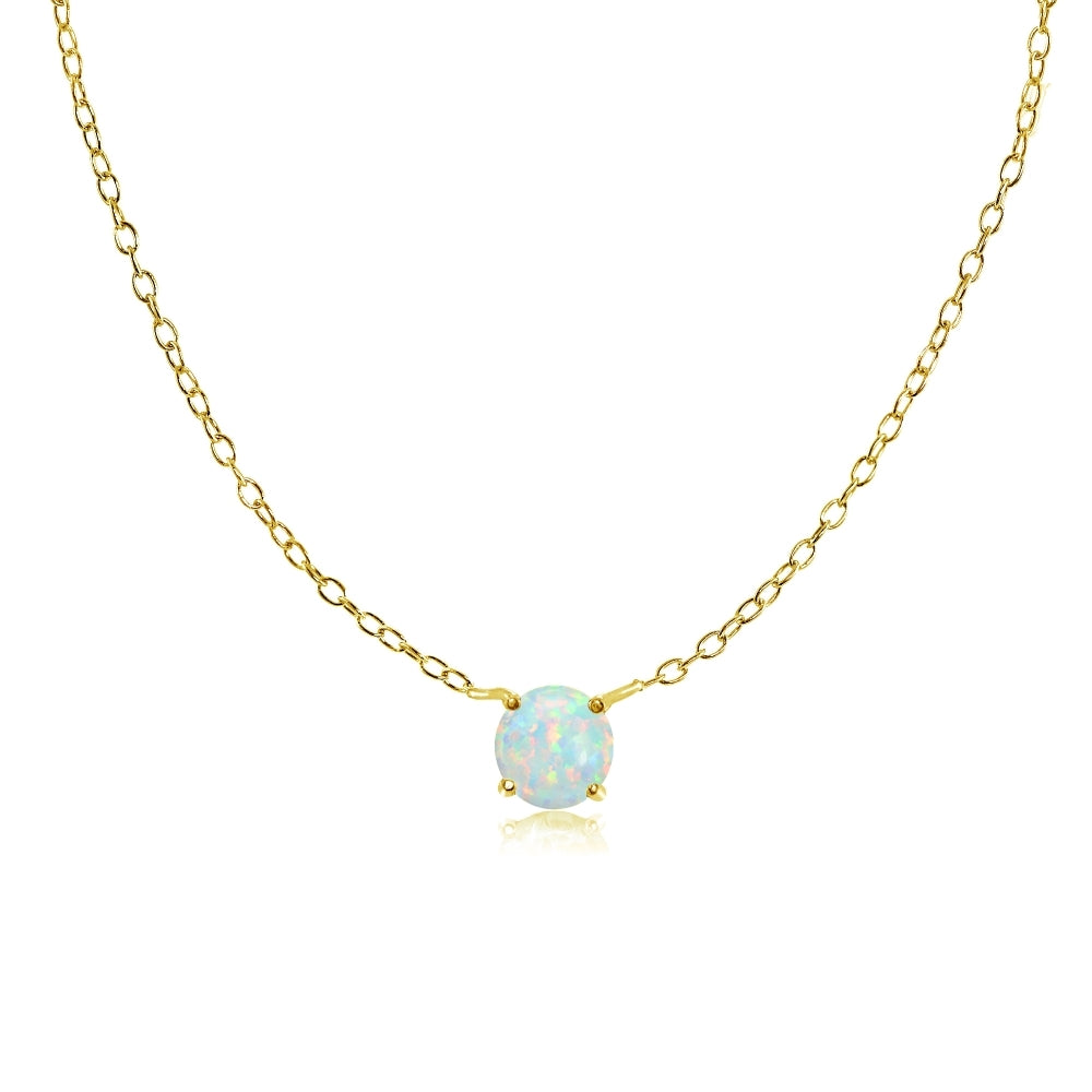 Yellow Gold Flashed Sterling Silver Small Dainty Round Created White Opal Choker Necklace