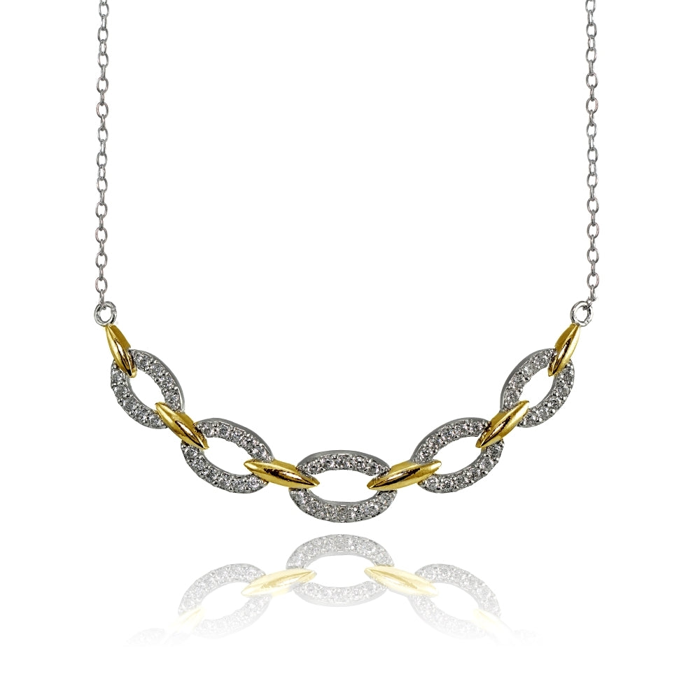 Sterling Silver Two-Tone Cubic Zirconia Oval Link Frontal Necklace