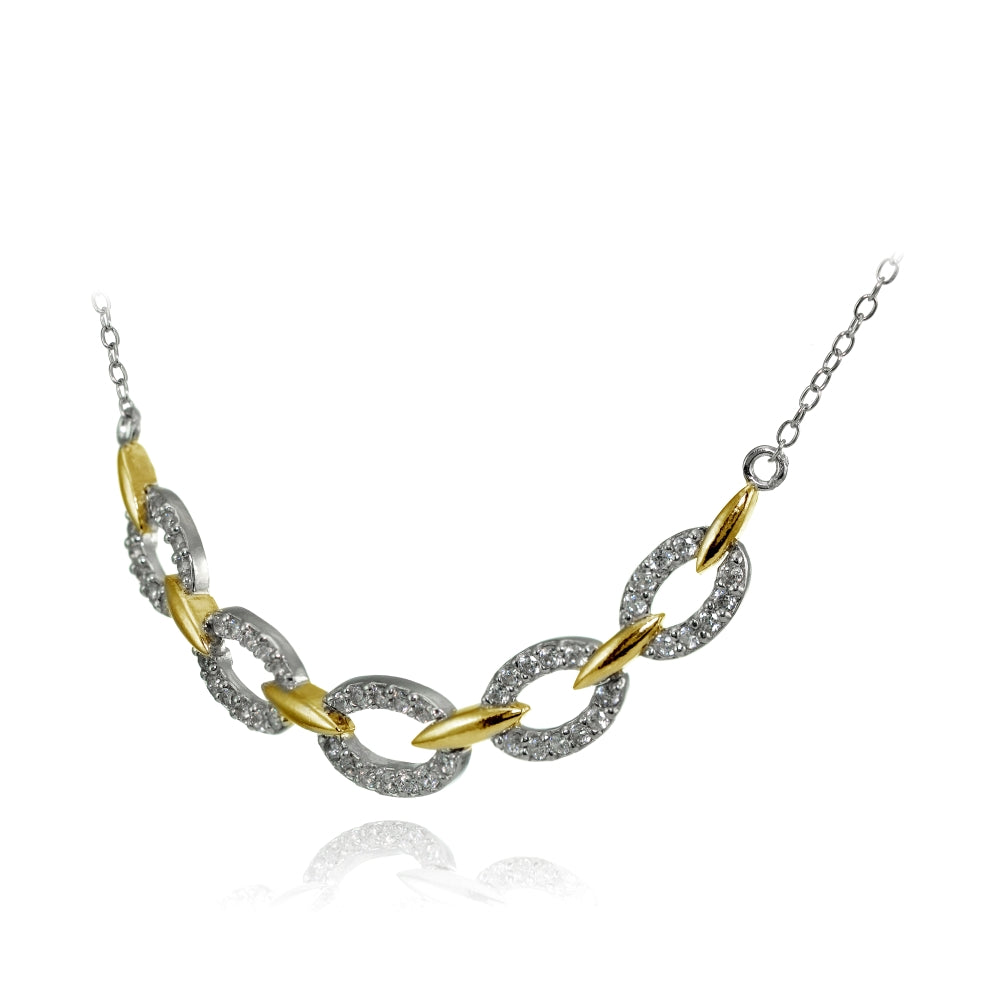 Sterling Silver Two-Tone Cubic Zirconia Oval Link Frontal Necklace-2