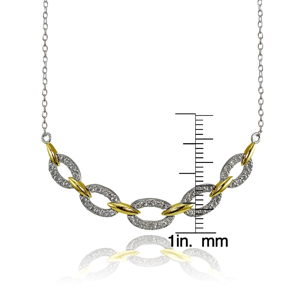 Sterling Silver Two-Tone Cubic Zirconia Oval Link Frontal Necklace-3