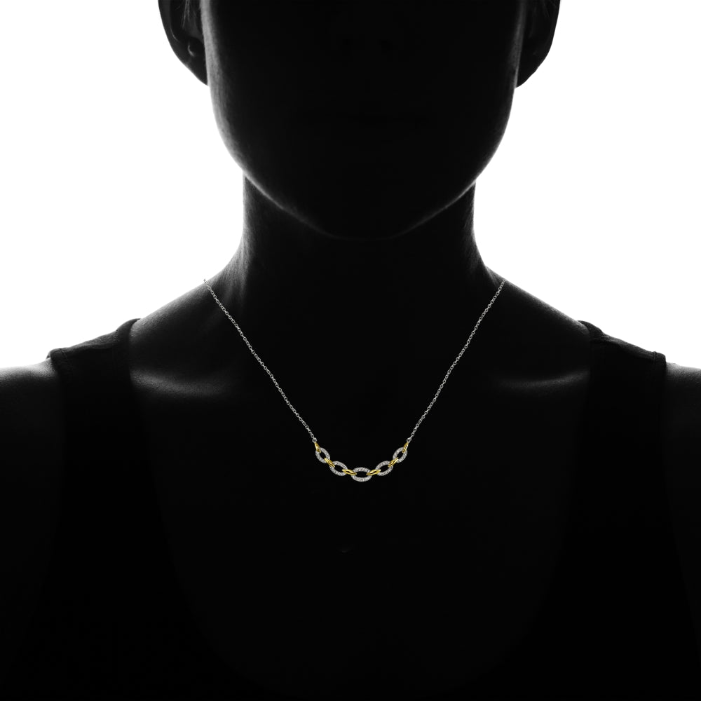 Sterling Silver Two-Tone Cubic Zirconia Oval Link Frontal Necklace-4