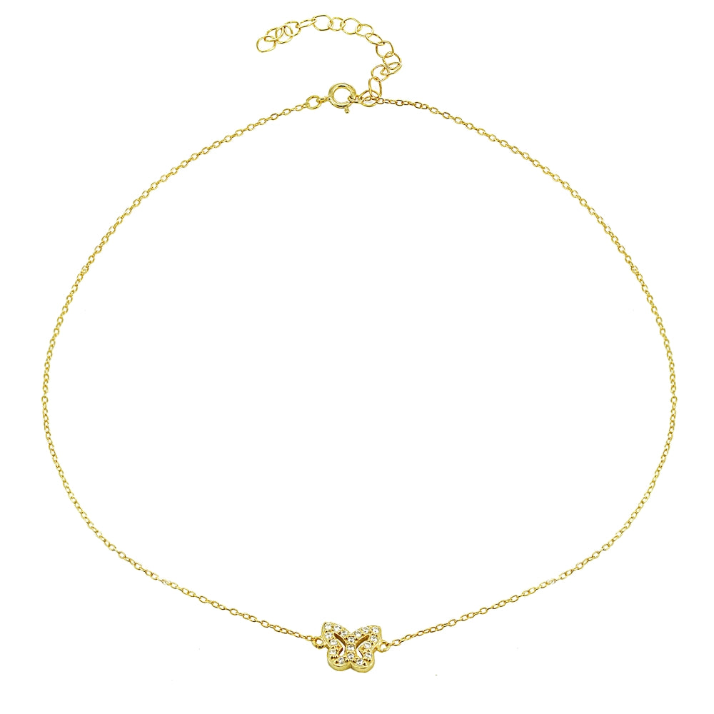 Yellow gold Flashed Sterling Silver Cubic Zirconia Butterfly Choker Necklace-2
