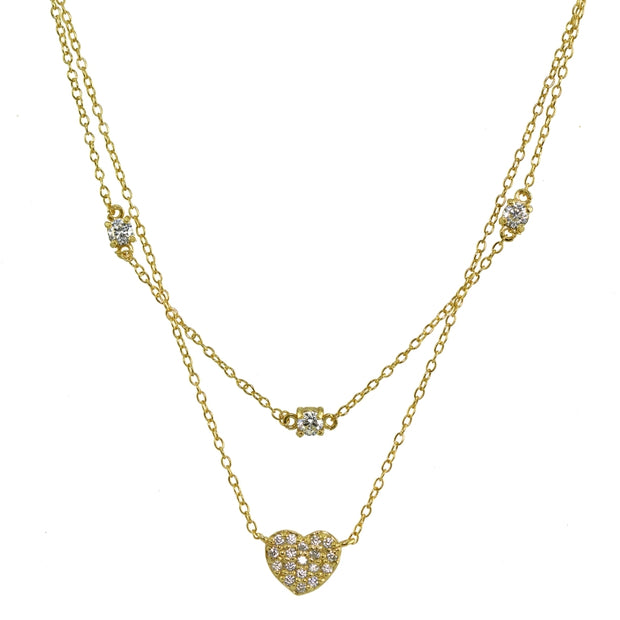 Yellow Gold Flashed Sterling Silver Cubic Zirconia Heart Layered Choker Necklace