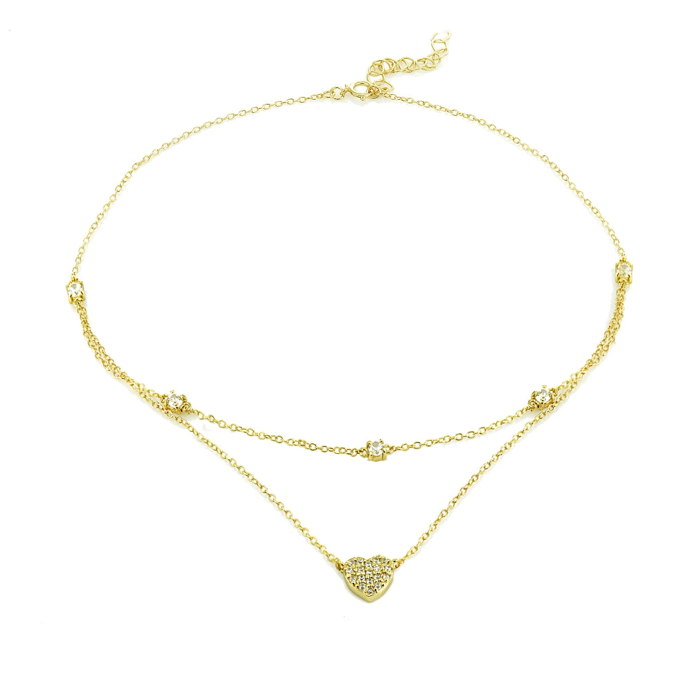 Yellow Gold Flashed Sterling Silver Cubic Zirconia Heart Layered Choker Necklace-3