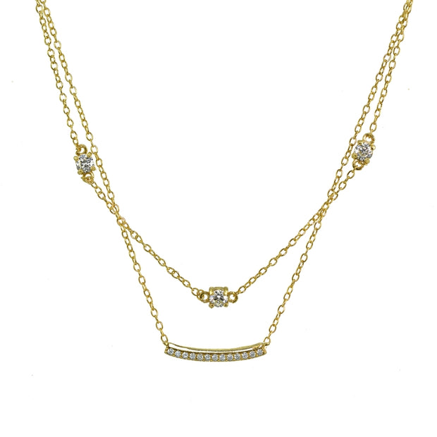 Yellow Gold Flashed Sterling Silver Cubic Zirconia Bar Layered Choker Necklace