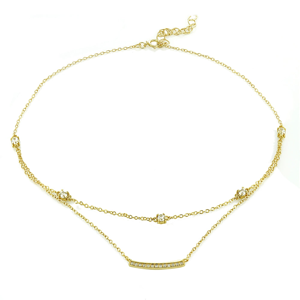 Yellow Gold Flashed Sterling Silver Cubic Zirconia Bar Layered Choker Necklace-3