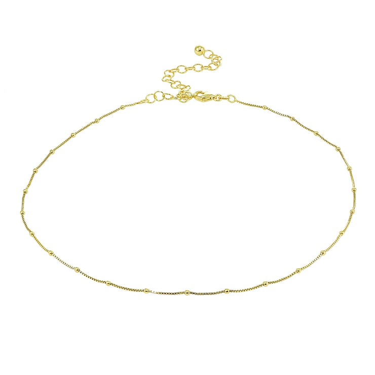 Yellow Gold Flashed Sterling Silver Italian Box Chain with Station Beads Dainty Choker Necklace