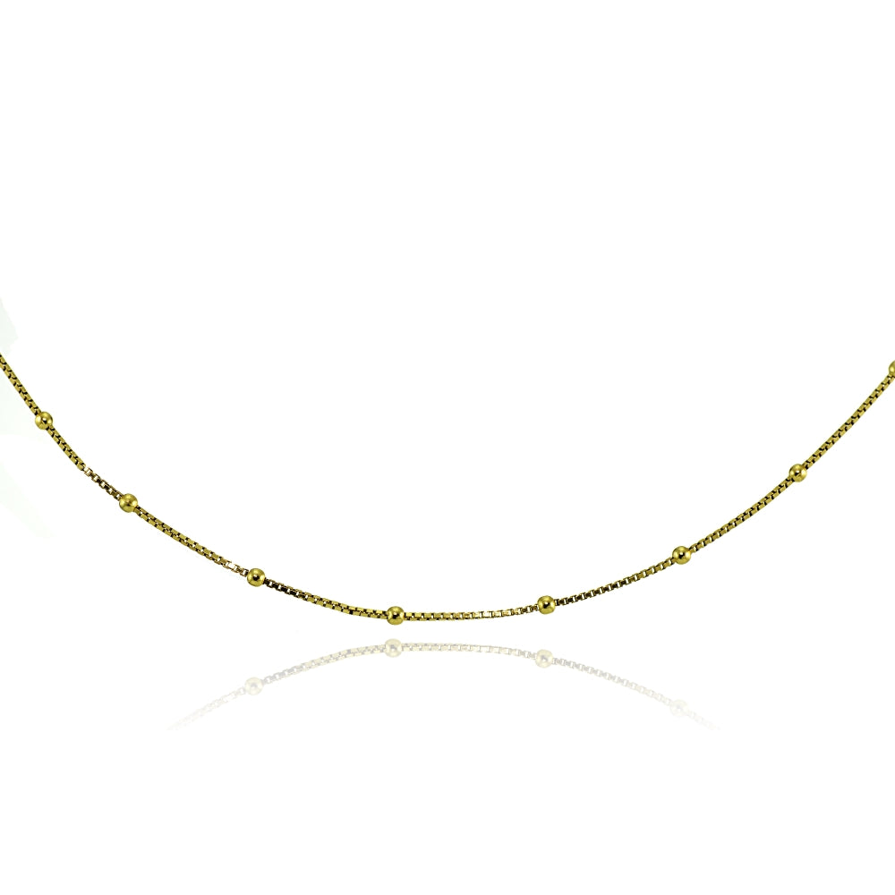 Yellow Gold Flashed Sterling Silver Italian Box Chain with Station Beads Dainty Choker Necklace-3