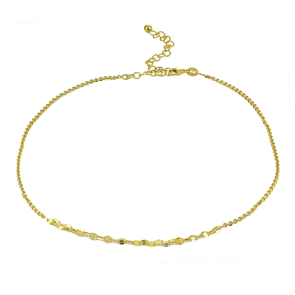 Yellow Gold Flashed Sterling Silver Cable with Fashion Link Italian Chain Triple Layered Choker Necklace