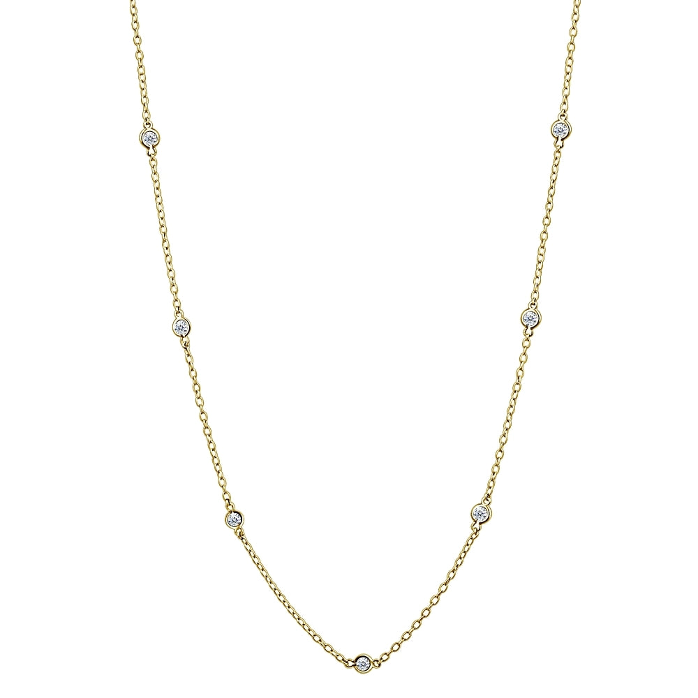 Yellow Gold Flashed Sterling Silver CZ Station Dainty Chain Necklace, 36 Inches