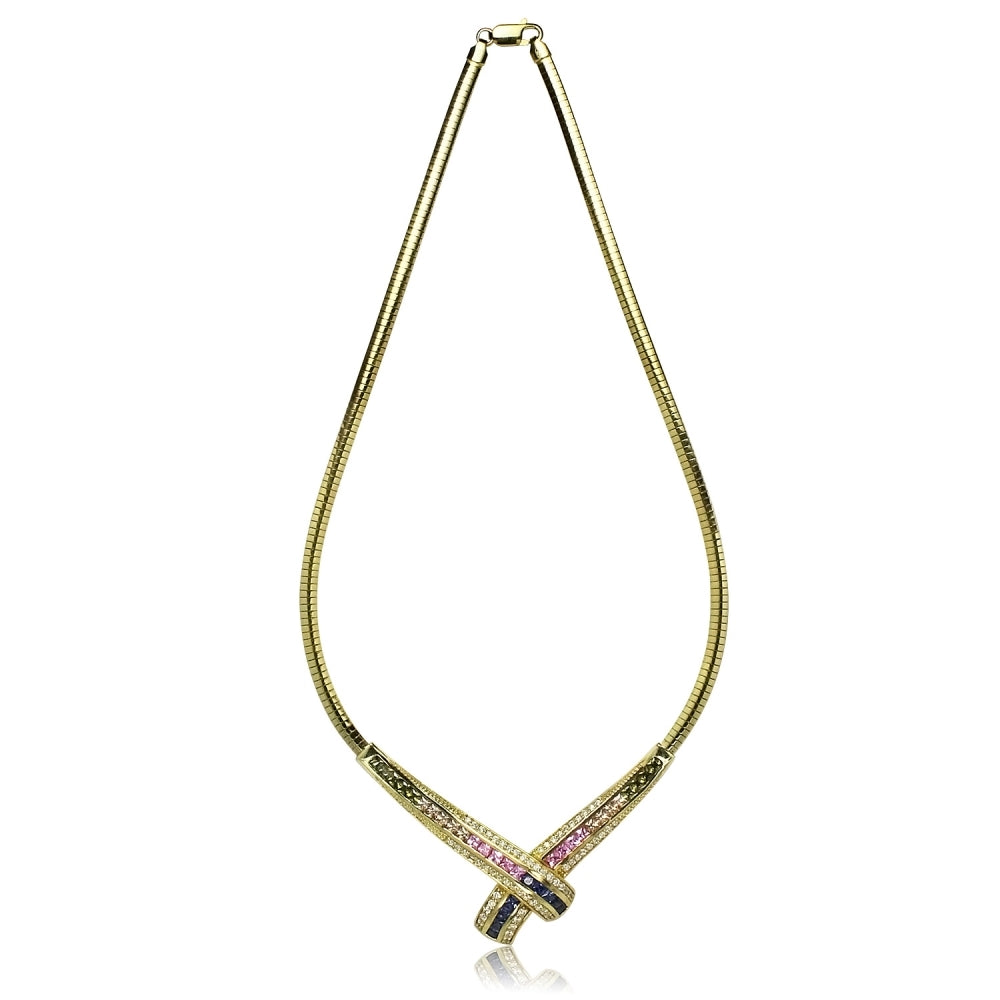 Yellow Gold Flashed Sterling Silver Muilti-Color Cubic Zirconia Evening Statement Necklace